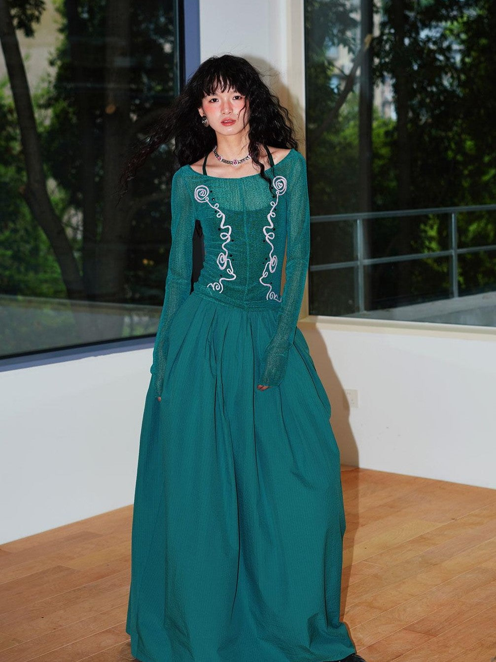 badtaste Sheer Ornate Embroidered Rhinestone Women's Other Fabric Slip Maxi Dresses