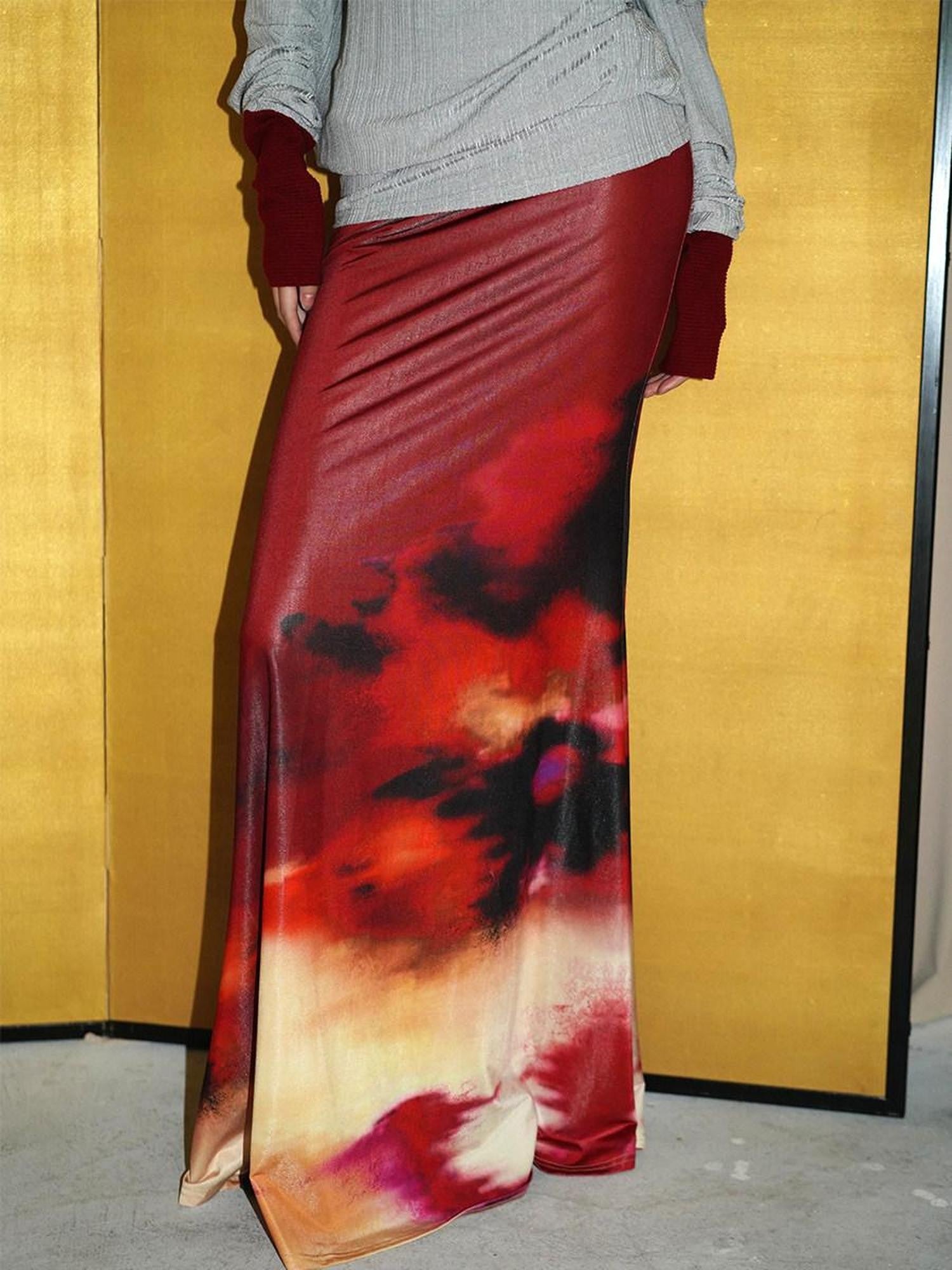badtaste Shimmering New Chinese Print Low Waist Floral Sunset Women's Mermaid Skirts