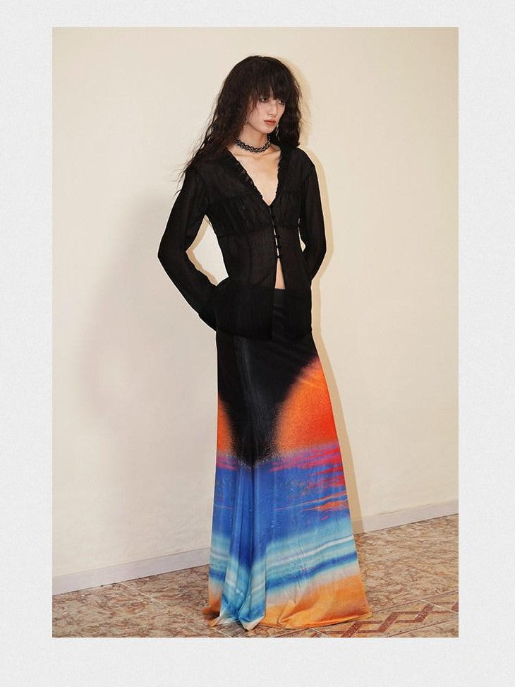 badtaste Shimmering New Chinese Print Low Waist Floral Sunset Women's Mermaid Skirts