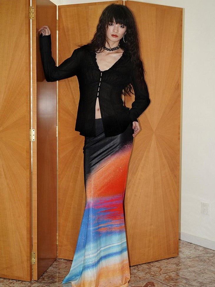 badtaste Shimmering New Chinese Print Low Waist Floral Sunset Women's Mermaid Skirts