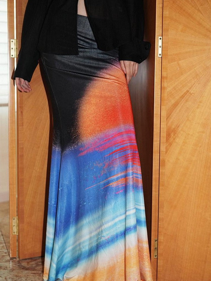 badtaste Shimmering New Chinese Print Low Waist Floral Sunset Women's Mermaid Skirts