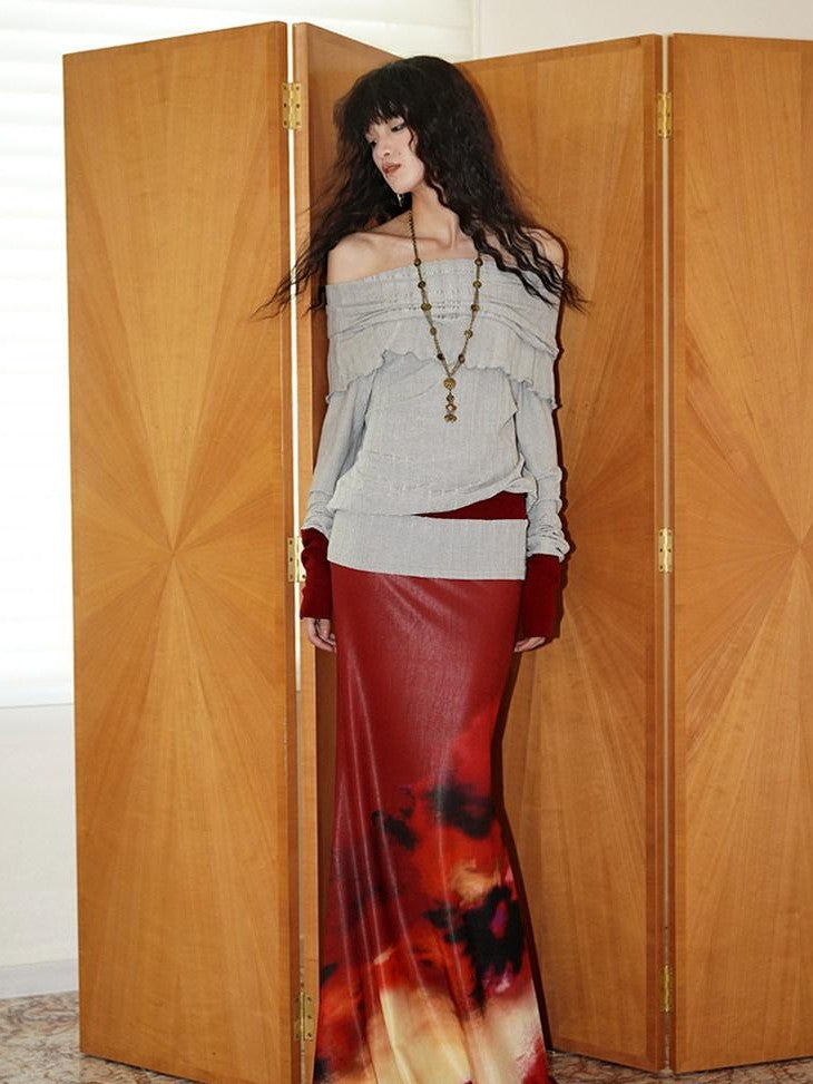 badtaste Shimmering New Chinese Print Low Waist Floral Sunset Women's Mermaid Skirts