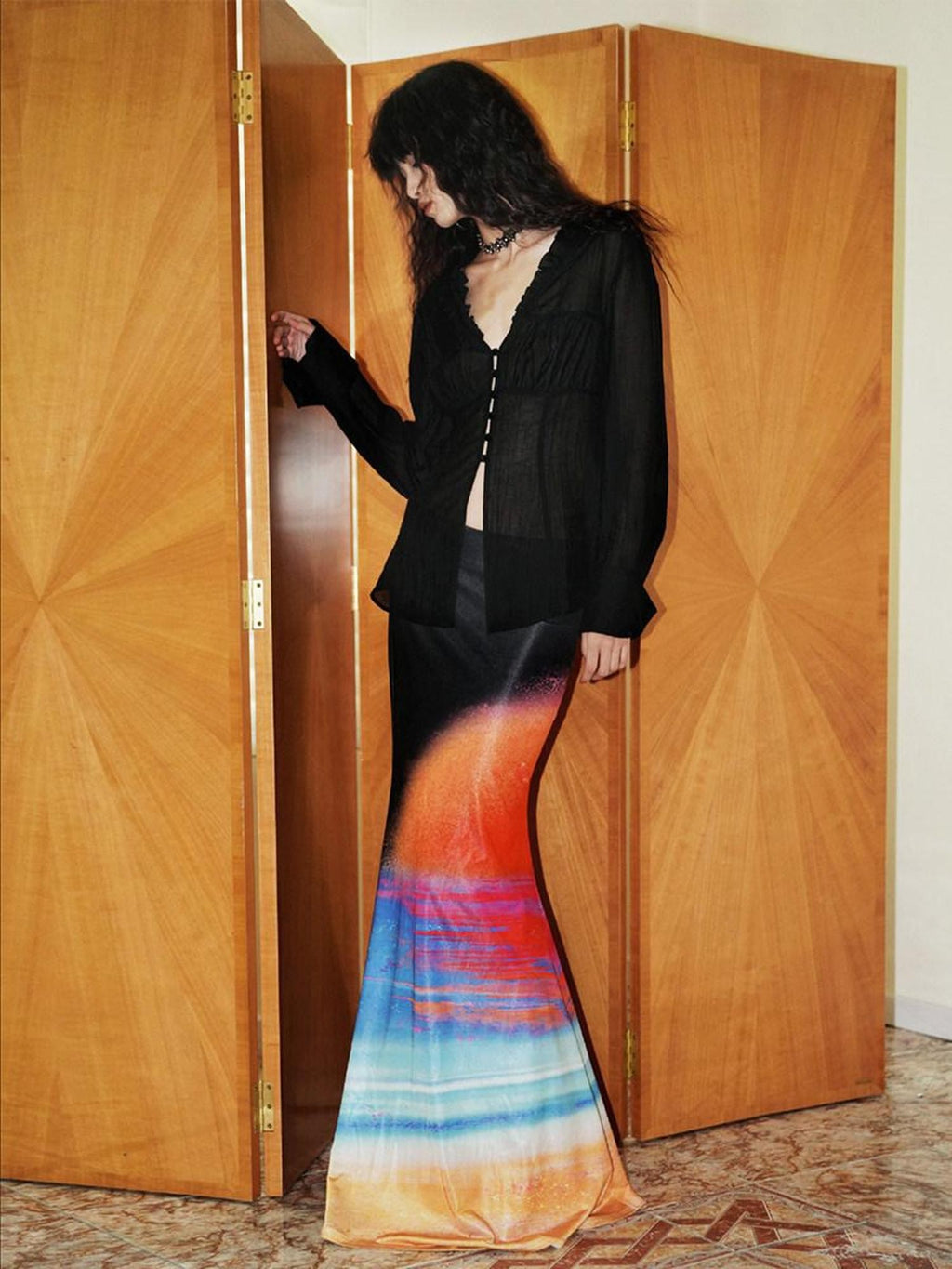badtaste Shimmering New Chinese Print Low Waist Floral Sunset Women's Mermaid Skirts