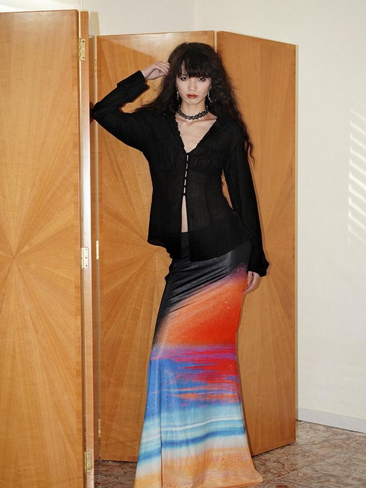 badtaste Shimmering New Chinese Print Low Waist Floral Sunset Women's Mermaid Skirts