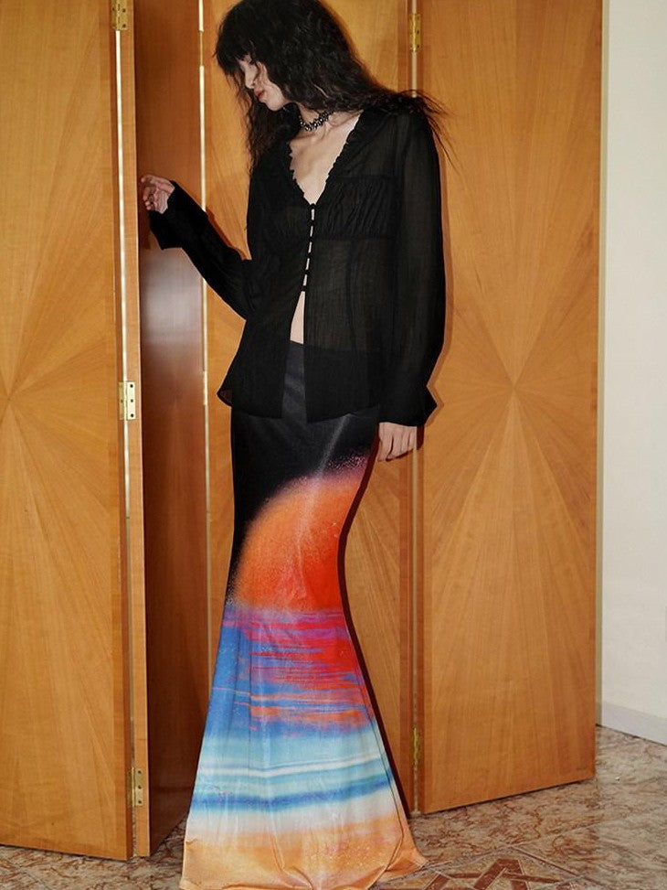badtaste Shimmering New Chinese Print Low Waist Floral Sunset Women's Mermaid Skirts