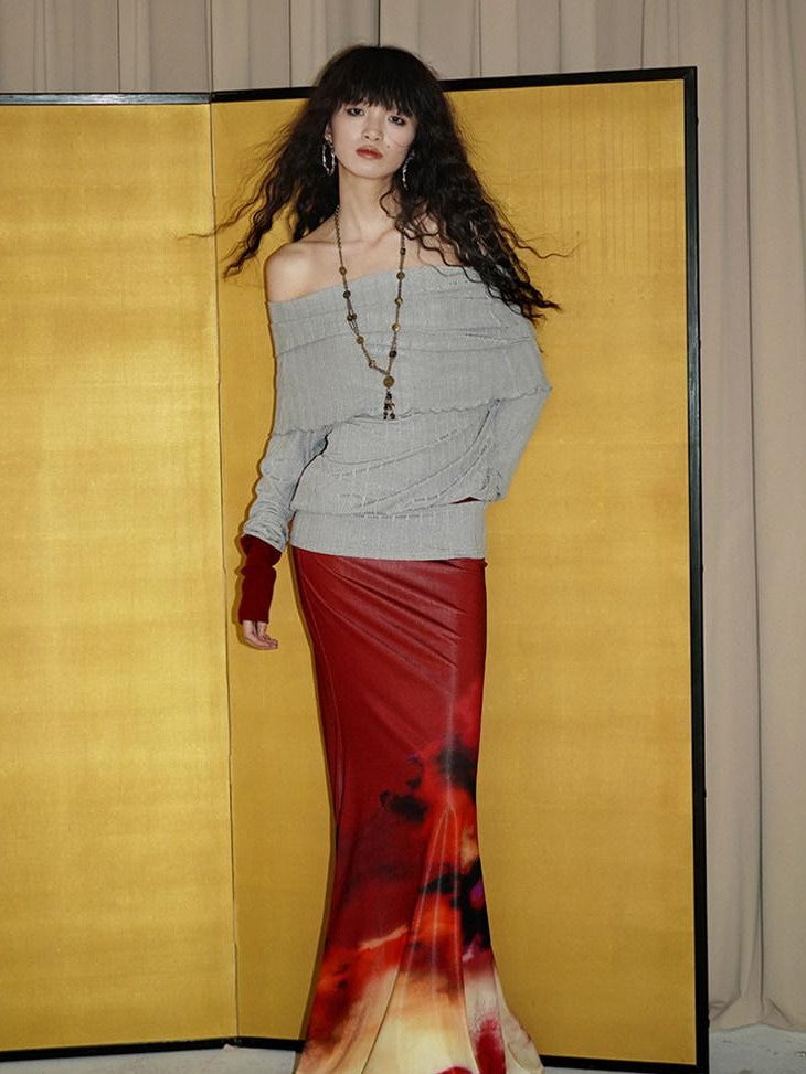 badtaste Shimmering New Chinese Print Low Waist Floral Sunset Women's Mermaid Skirts