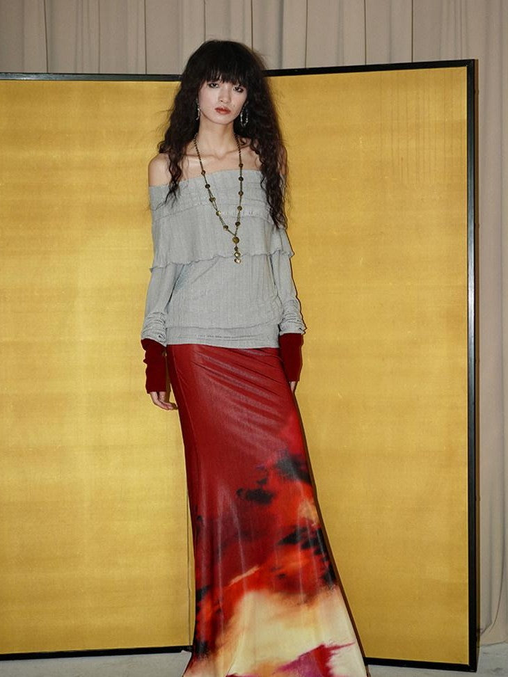 badtaste Shimmering New Chinese Print Low Waist Floral Sunset Women's Mermaid Skirts