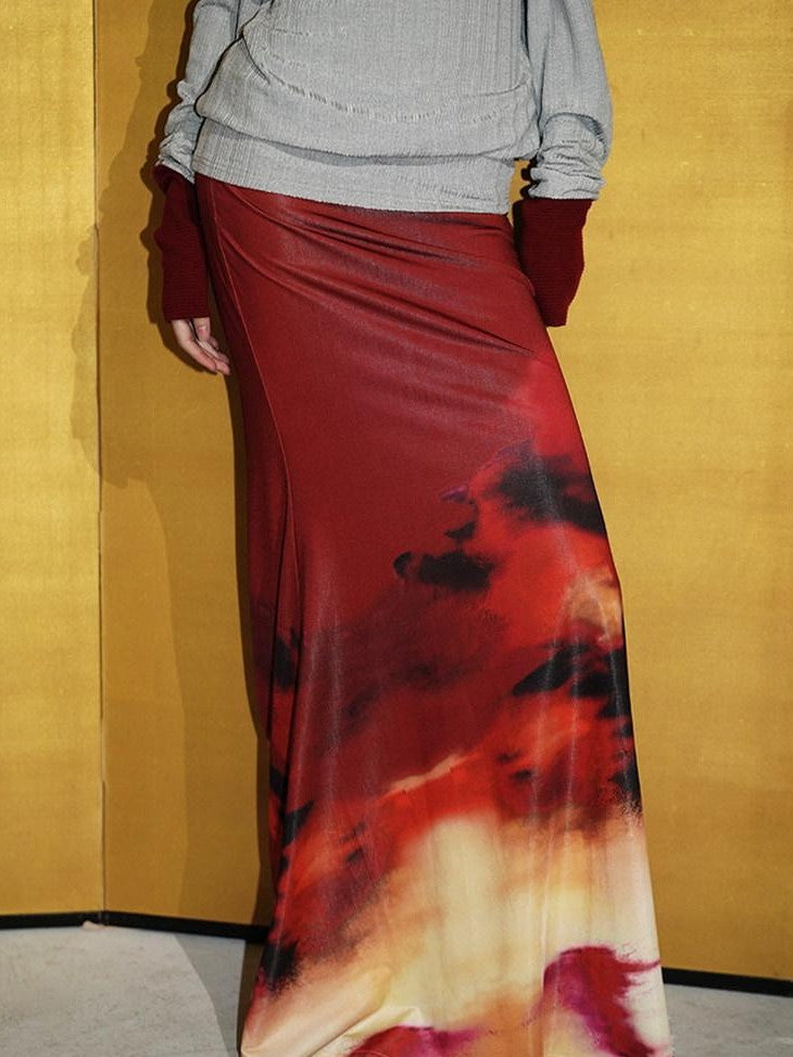 badtaste Shimmering New Chinese Print Low Waist Floral Sunset Women's Mermaid Skirts