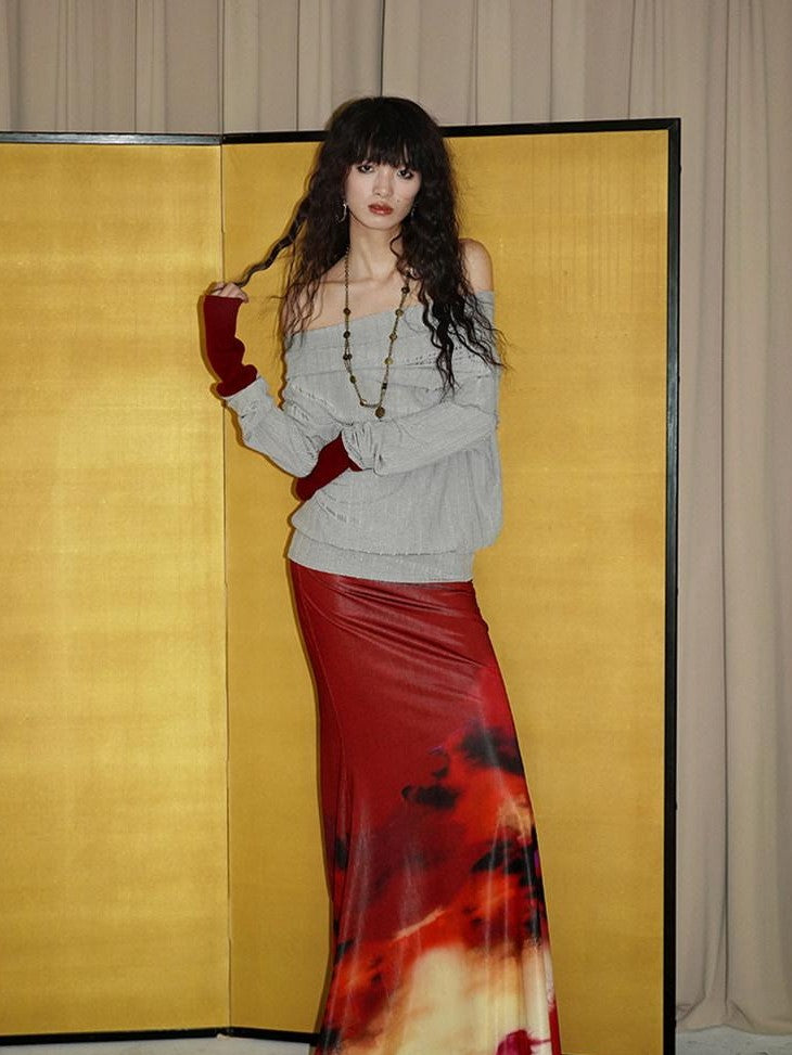 badtaste Shimmering New Chinese Print Low Waist Floral Sunset Women's Mermaid Skirts