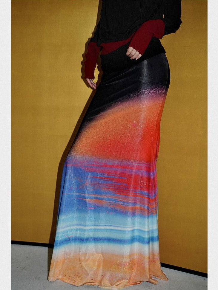 badtaste Shimmering New Chinese Print Low Waist Floral Sunset Women's Mermaid Skirts
