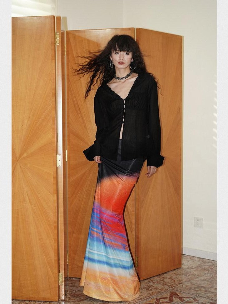 badtaste Shimmering New Chinese Print Low Waist Floral Sunset Women's Mermaid Skirts