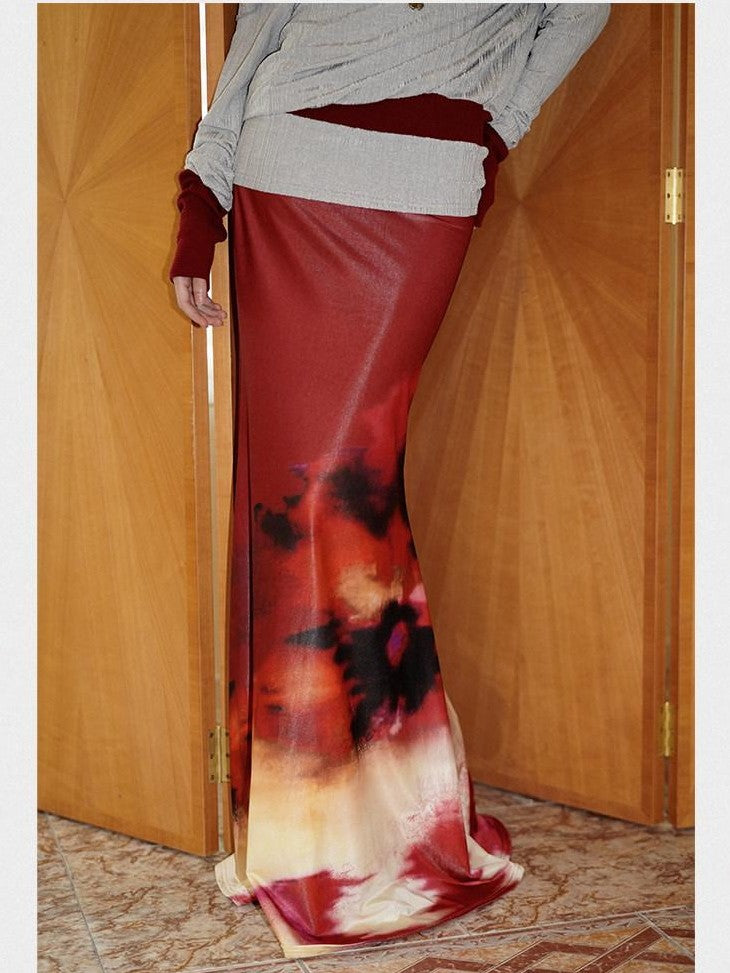 badtaste Shimmering New Chinese Print Low Waist Floral Sunset Women's Mermaid Skirts