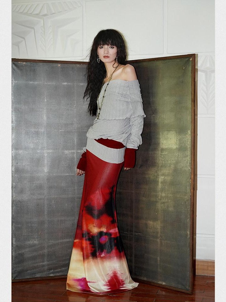 badtaste Shimmering New Chinese Print Low Waist Floral Sunset Women's Mermaid Skirts
