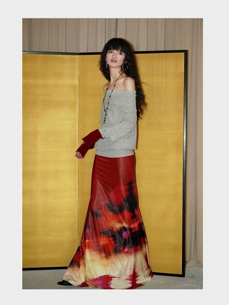 badtaste Shimmering New Chinese Print Low Waist Floral Sunset Women's Mermaid Skirts