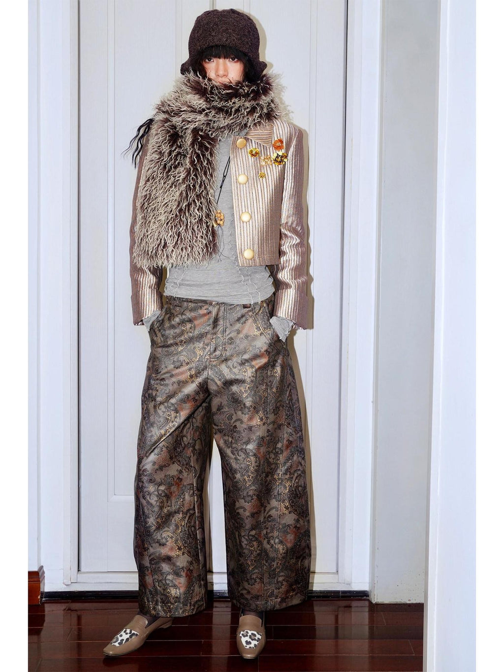 badtaste Shiny Paisley Print Loose Fit Women's Faux Leather Straight-leg Pants