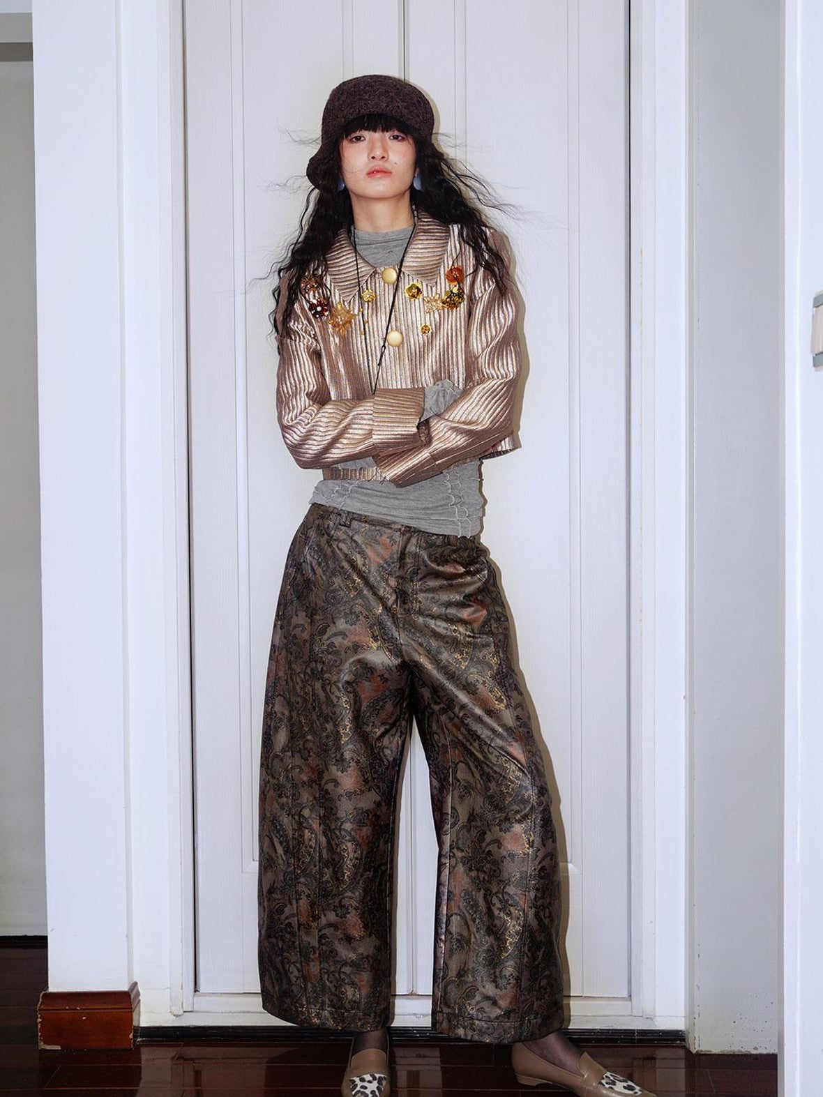 badtaste Shiny Paisley Print Loose Fit Women's Faux Leather Straight-leg Pants