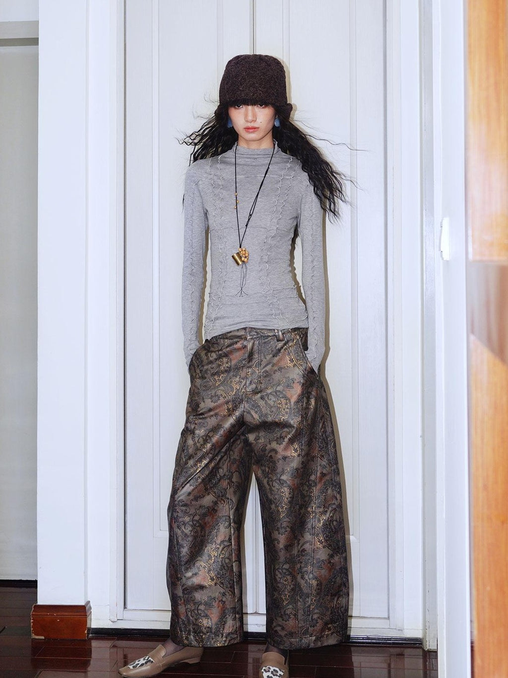 badtaste Shiny Paisley Print Loose Fit Women's Faux Leather Straight-leg Pants