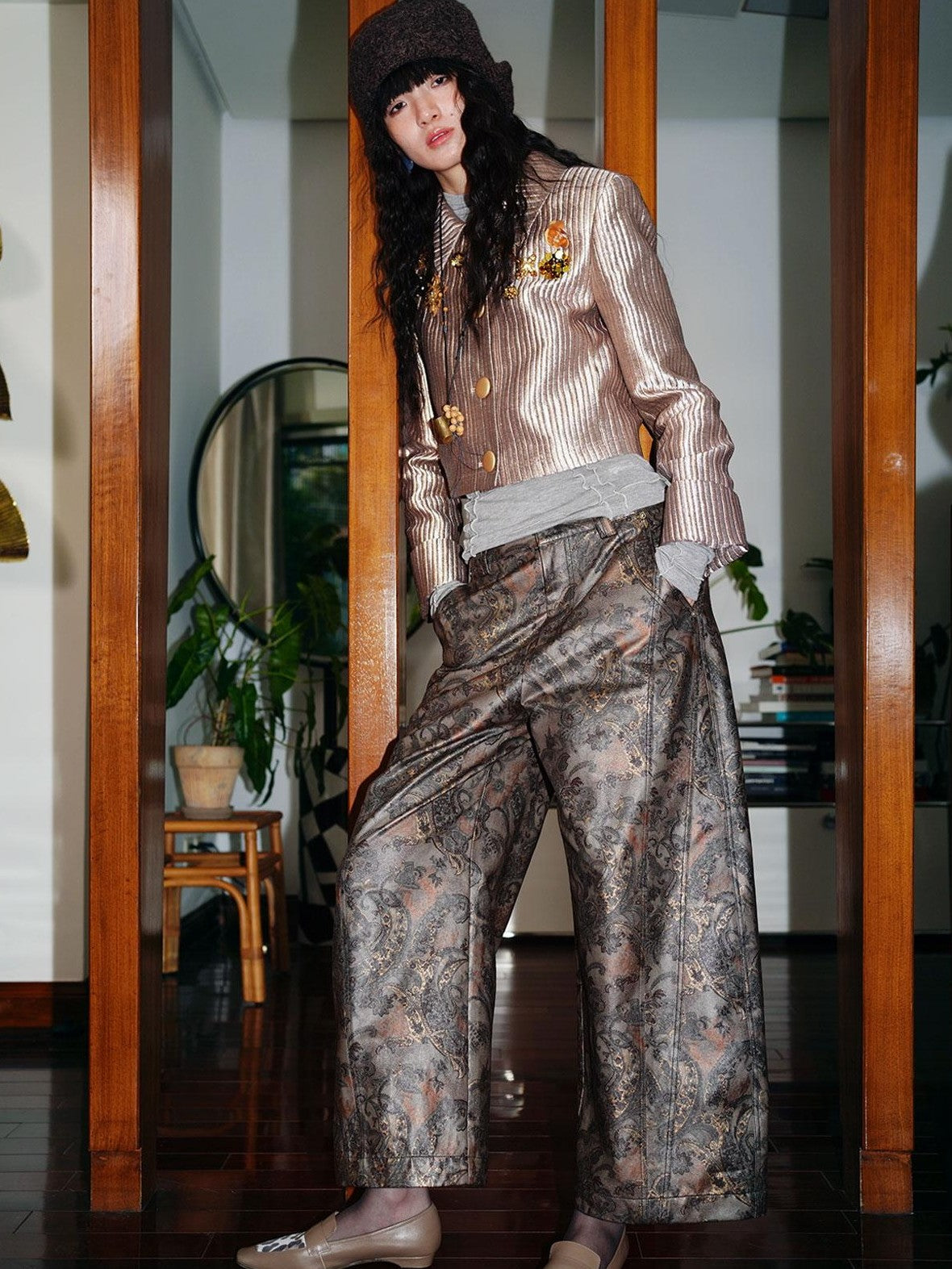 badtaste Shiny Paisley Print Loose Fit Women's Faux Leather Straight-leg Pants