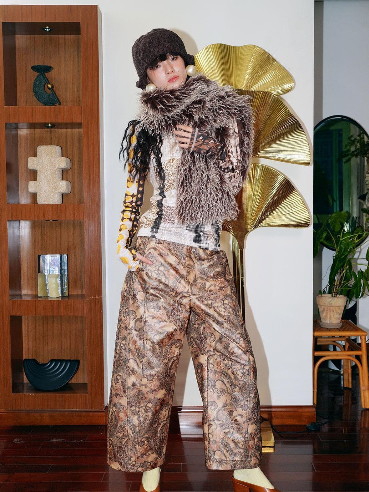 badtaste Shiny Paisley Print Loose Fit Women's Faux Leather Straight-leg Pants