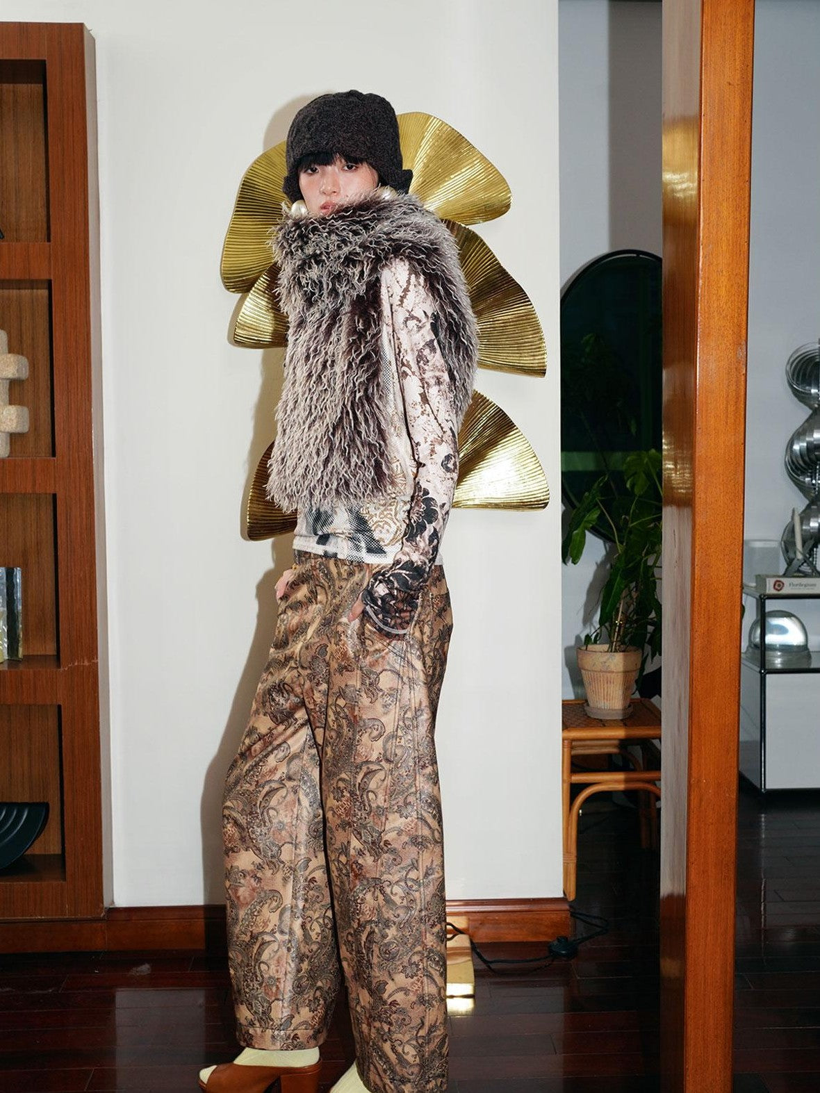 badtaste Shiny Paisley Print Loose Fit Women's Faux Leather Straight-leg Pants