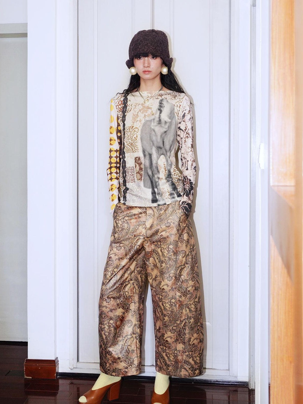 badtaste Shiny Paisley Print Loose Fit Women's Faux Leather Straight-leg Pants