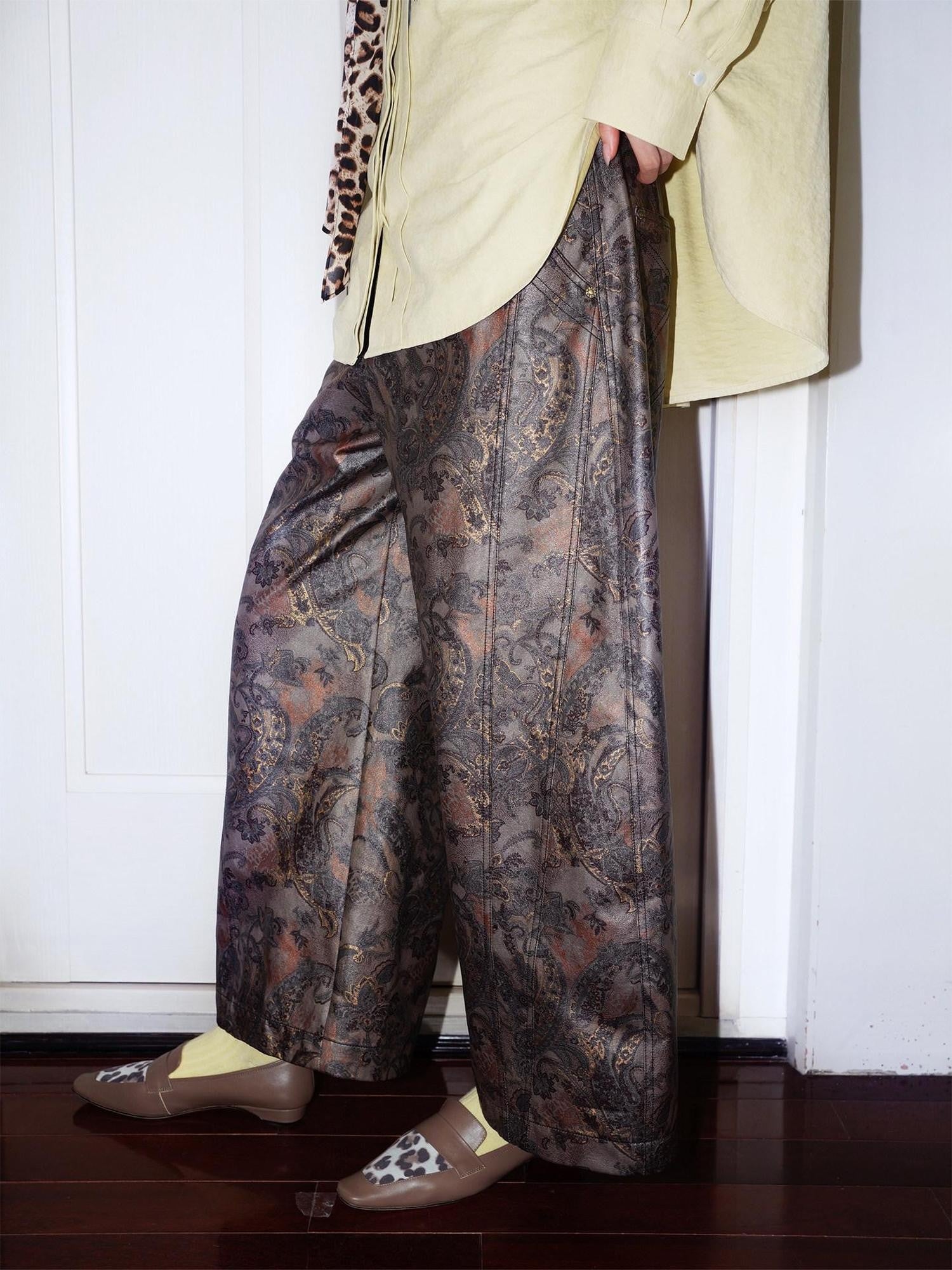 badtaste Shiny Paisley Print Loose Fit Women's Faux Leather Straight-leg Pants