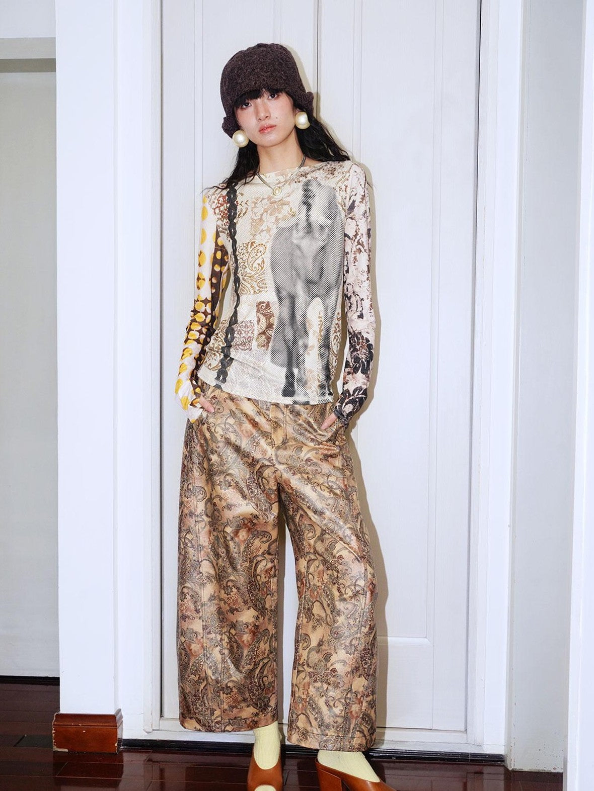 badtaste Shiny Paisley Print Loose Fit Women's Faux Leather Straight-leg Pants