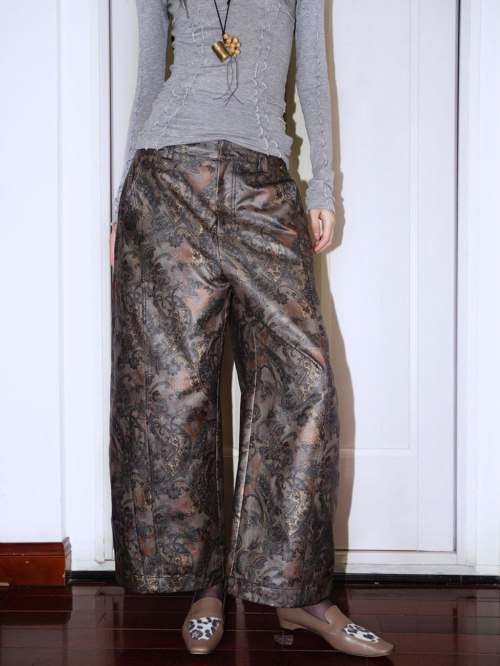 badtaste Shiny Paisley Print Loose Fit Women's Faux Leather Straight-leg Pants