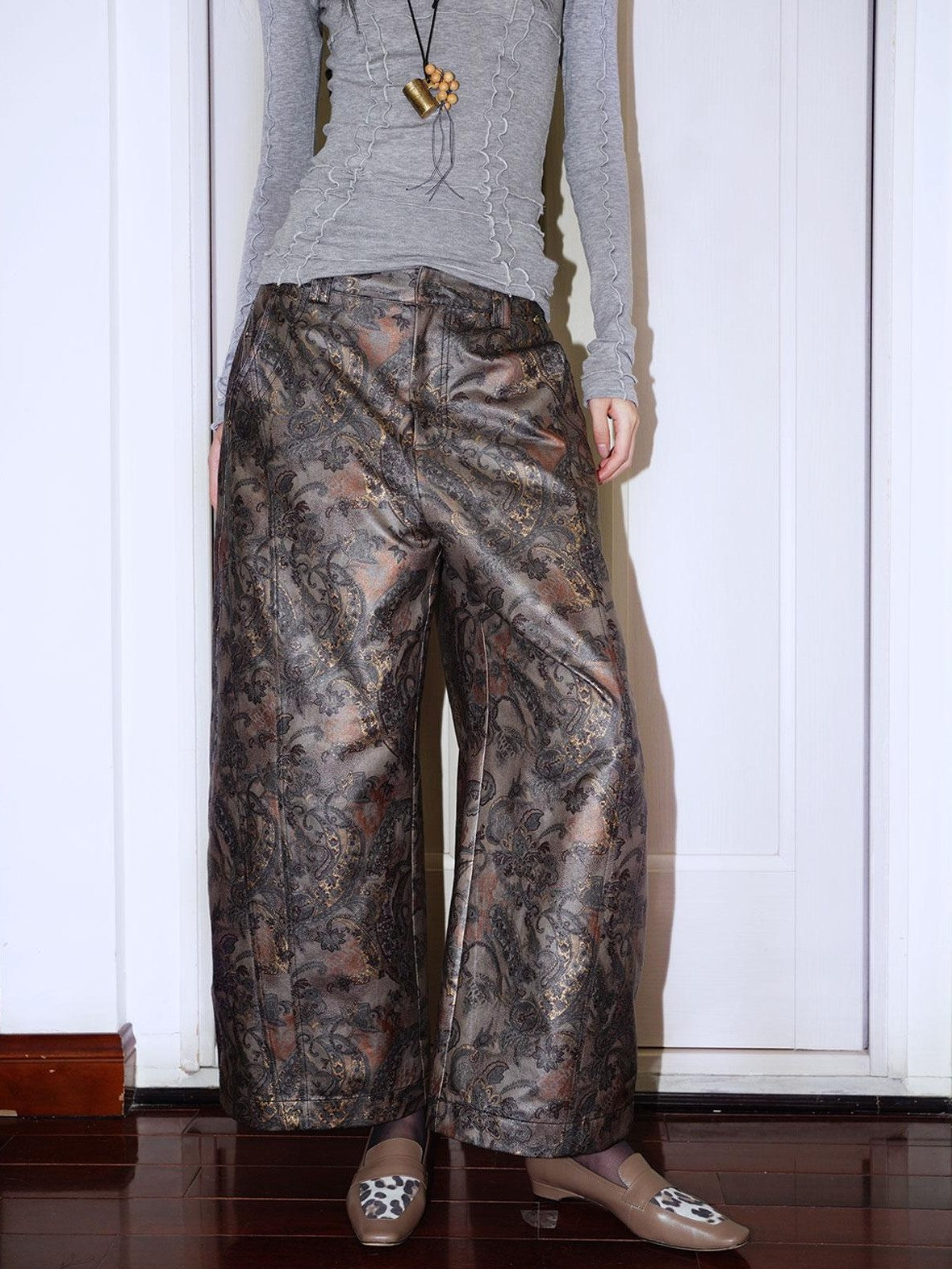 badtaste Shiny Paisley Print Loose Fit Women's Faux Leather Straight-leg Pants