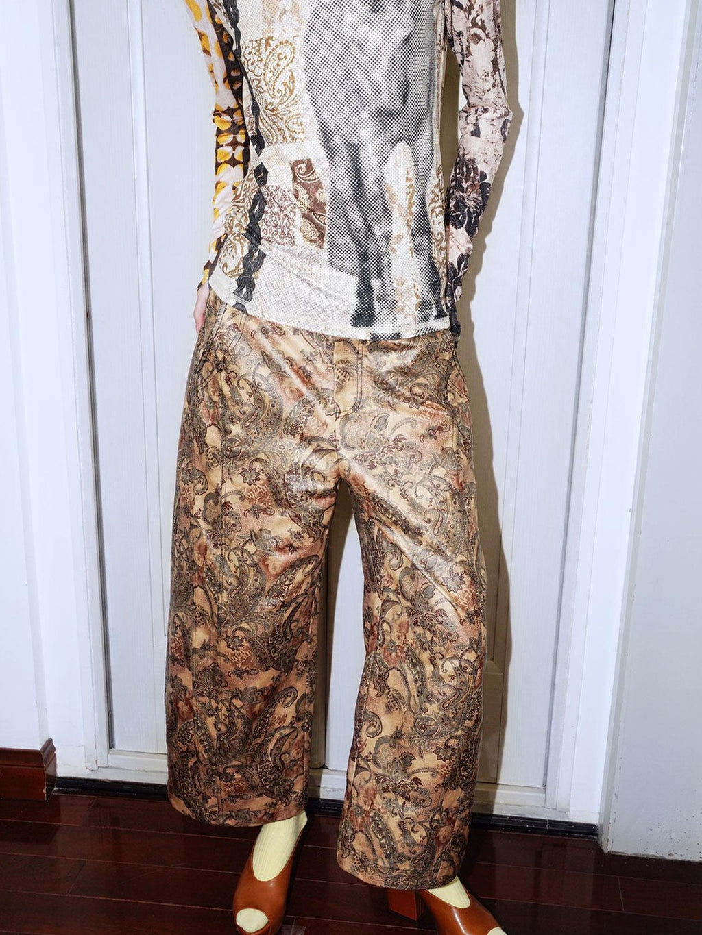 badtaste Shiny Paisley Print Loose Fit Women's Faux Leather Straight-leg Pants