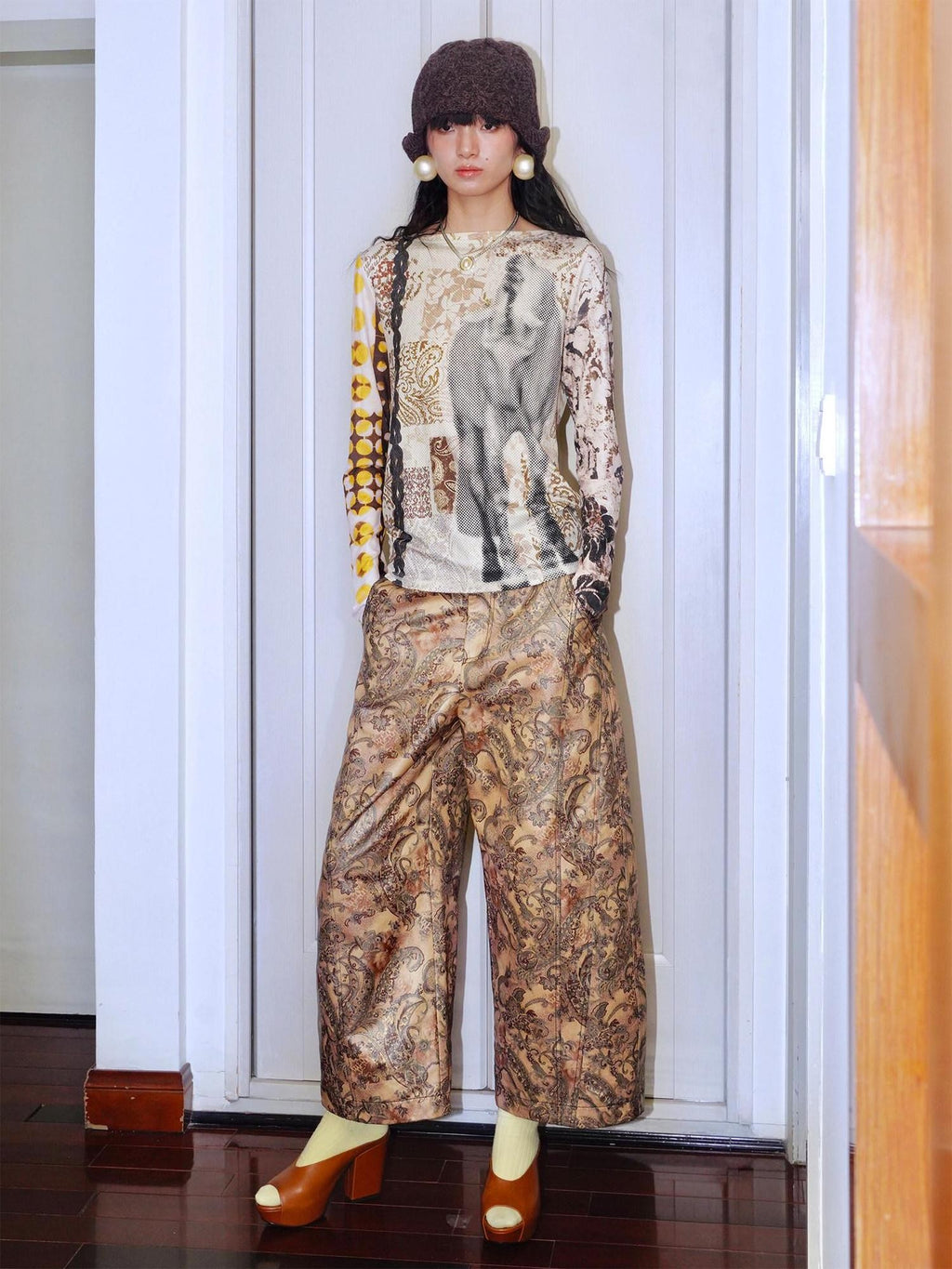 badtaste Shiny Paisley Print Loose Fit Women's Faux Leather Straight-leg Pants