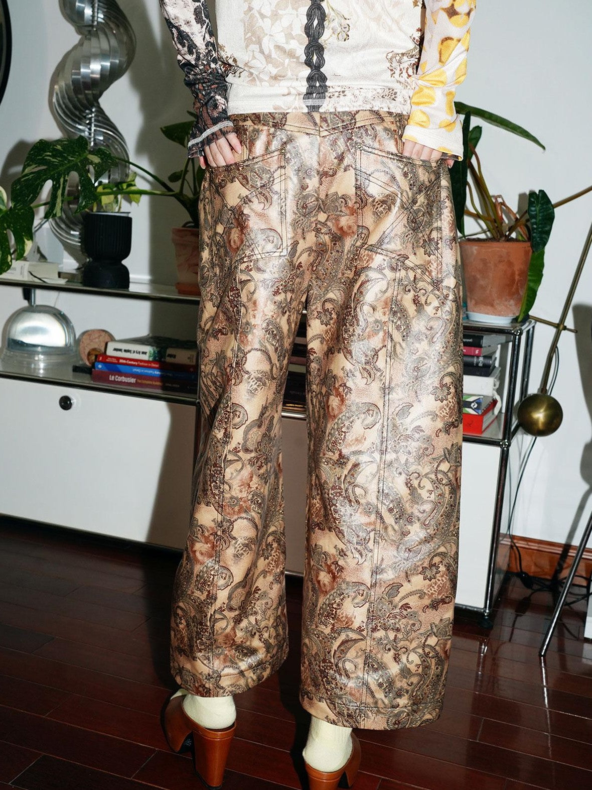 badtaste Shiny Paisley Print Loose Fit Women's Faux Leather Straight-leg Pants
