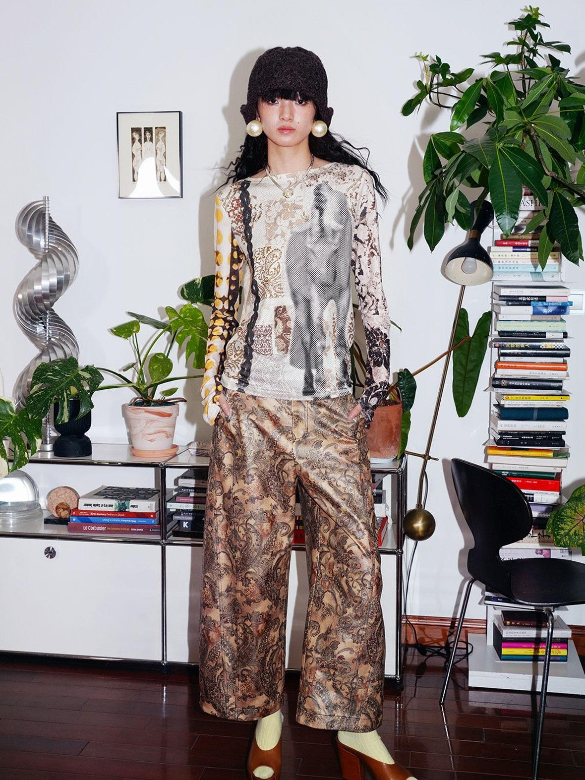 badtaste Shiny Paisley Print Loose Fit Women's Faux Leather Straight-leg Pants