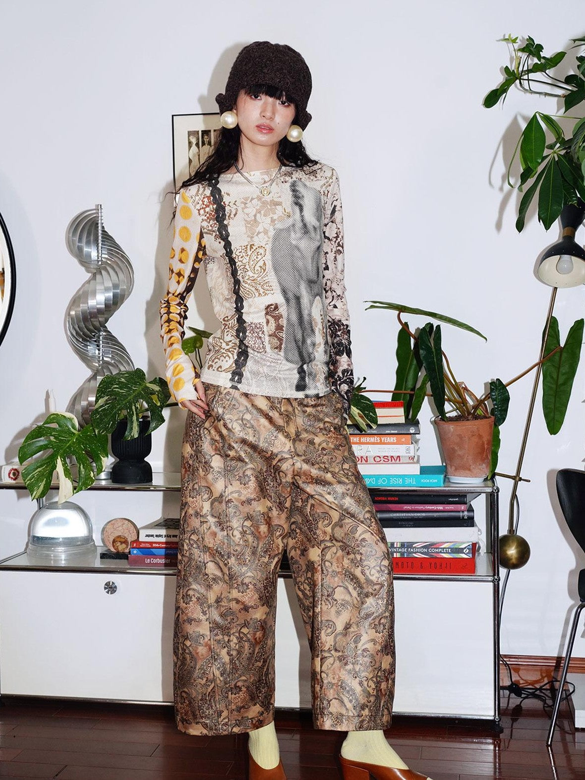badtaste Shiny Paisley Print Loose Fit Women's Faux Leather Straight-leg Pants