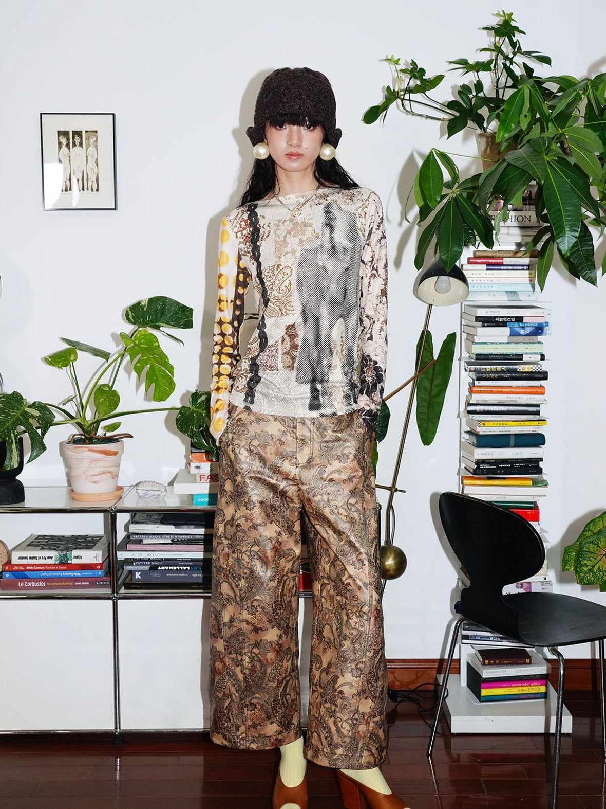 badtaste Shiny Paisley Print Loose Fit Women's Faux Leather Straight-leg Pants