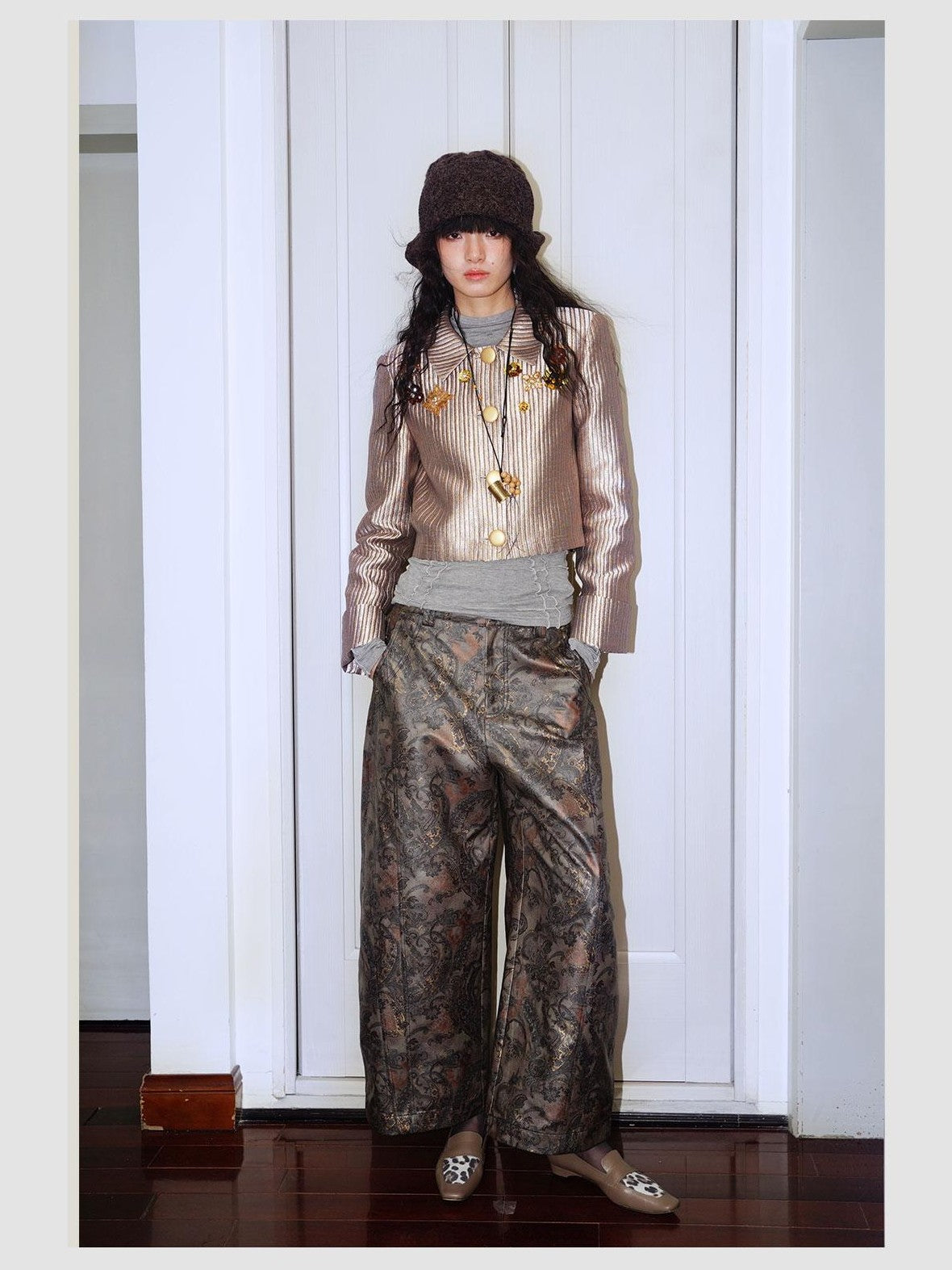 badtaste Shiny Paisley Print Loose Fit Women's Faux Leather Straight-leg Pants