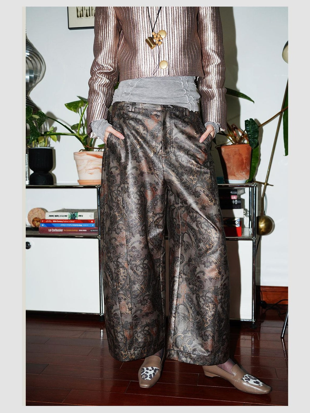 badtaste Shiny Paisley Print Loose Fit Women's Faux Leather Straight-leg Pants