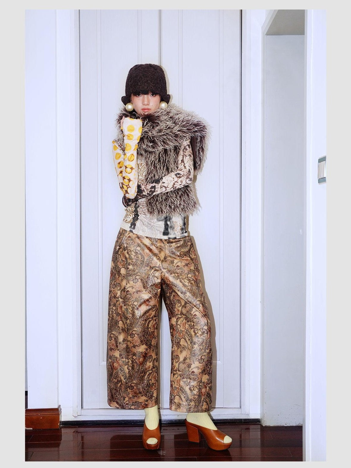 badtaste Shiny Paisley Print Loose Fit Women's Faux Leather Straight-leg Pants
