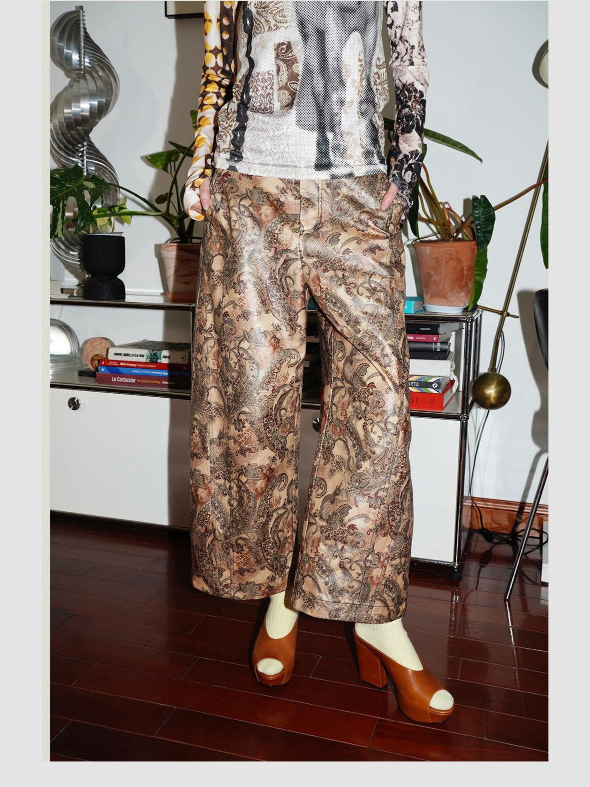 badtaste Shiny Paisley Print Loose Fit Women's Faux Leather Straight-leg Pants
