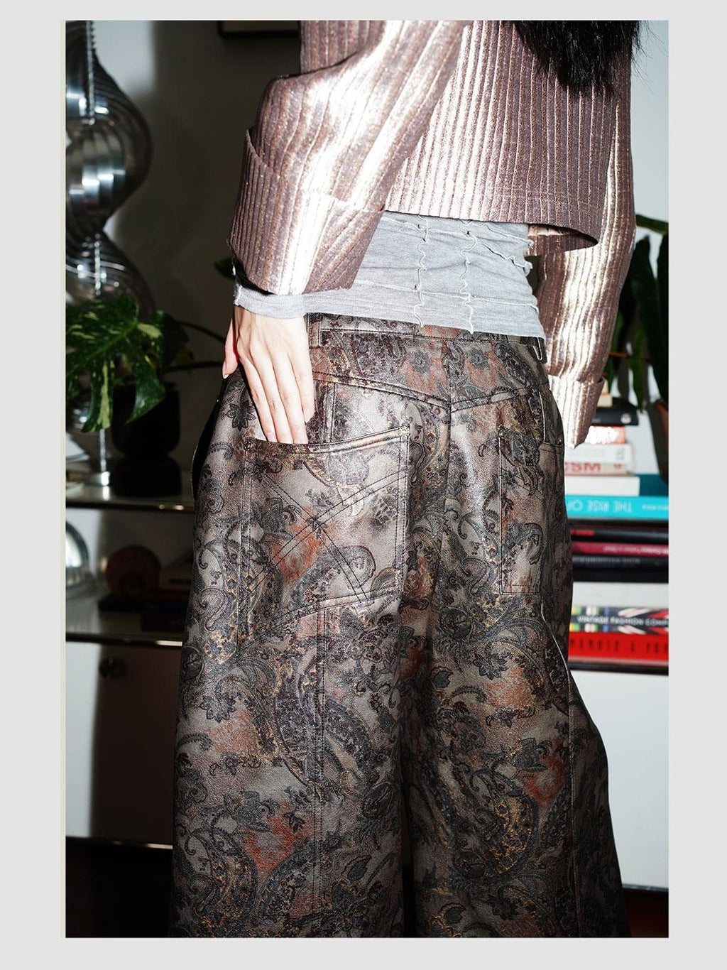 badtaste Shiny Paisley Print Loose Fit Women's Faux Leather Straight-leg Pants