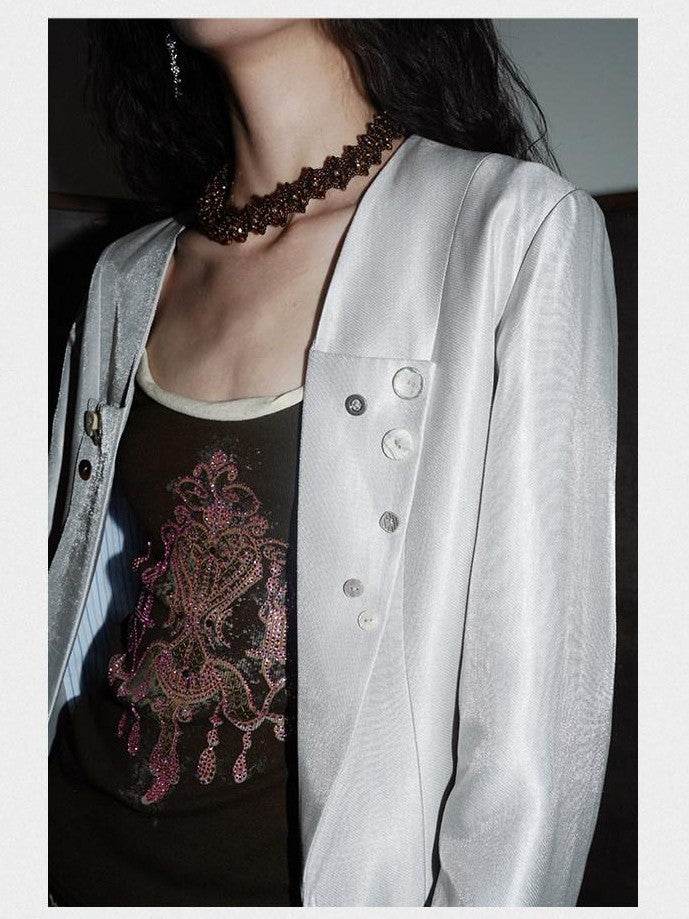 badtaste Silver Sheen Light Reflective Loose Retro Western Women's Other Material Blazers