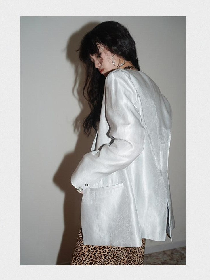 badtaste Silver Sheen Light Reflective Loose Retro Western Women's Other Material Blazers