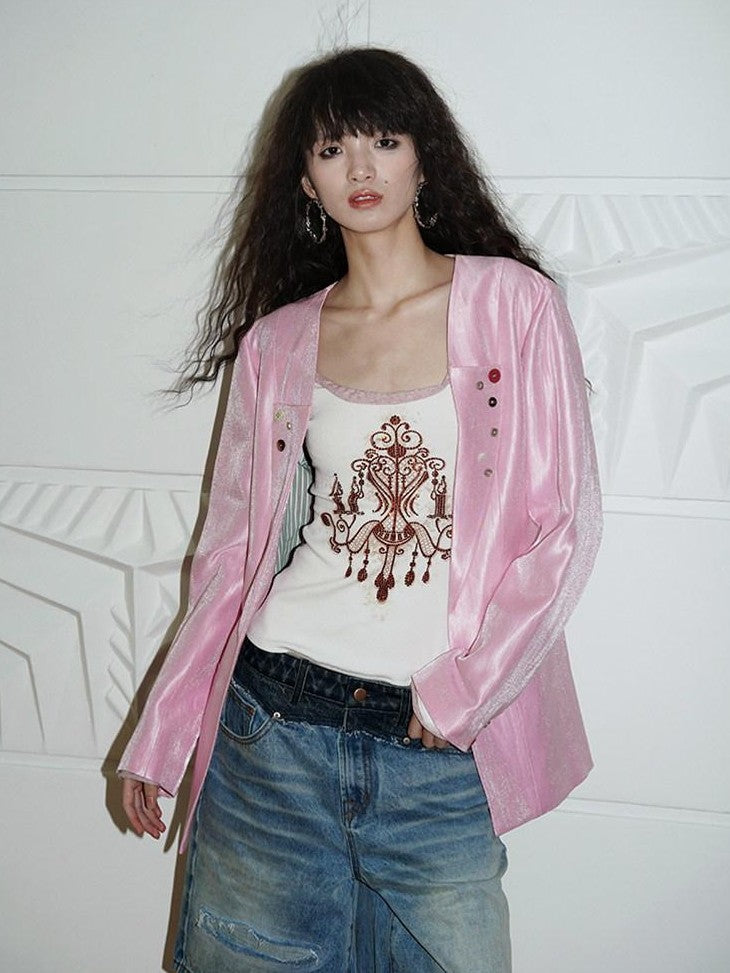 badtaste Silver Sheen Light Reflective Loose Retro Western Women's Other Material Blazers
