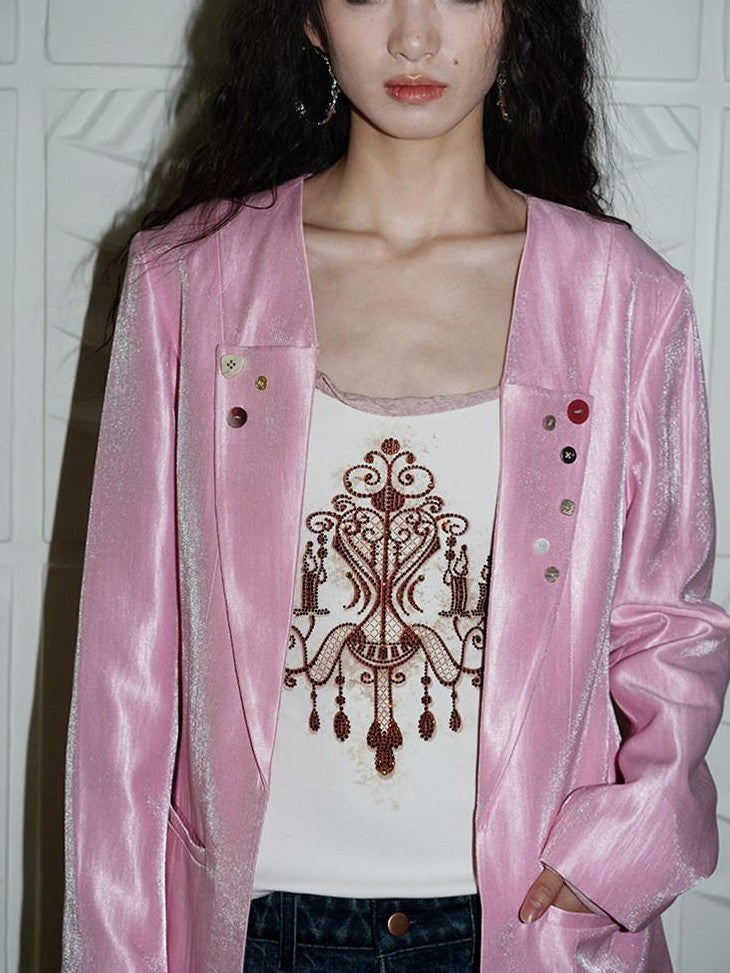 badtaste Silver Sheen Light Reflective Loose Retro Western Women's Other Material Blazers
