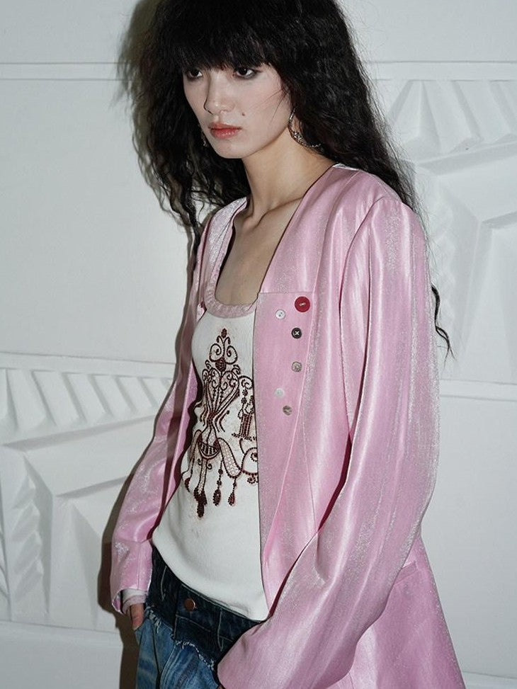 badtaste Silver Sheen Light Reflective Loose Retro Western Women's Other Material Blazers