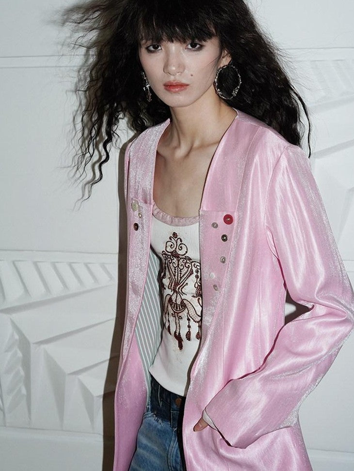 badtaste Silver Sheen Light Reflective Loose Retro Western Women's Other Material Blazers