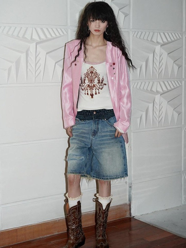 badtaste Silver Sheen Light Reflective Loose Retro Western Women's Other Material Blazers