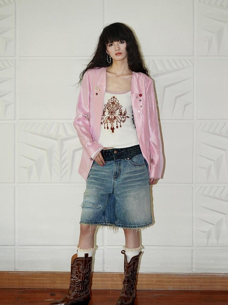 badtaste Silver Sheen Light Reflective Loose Retro Western Women's Other Material Blazers