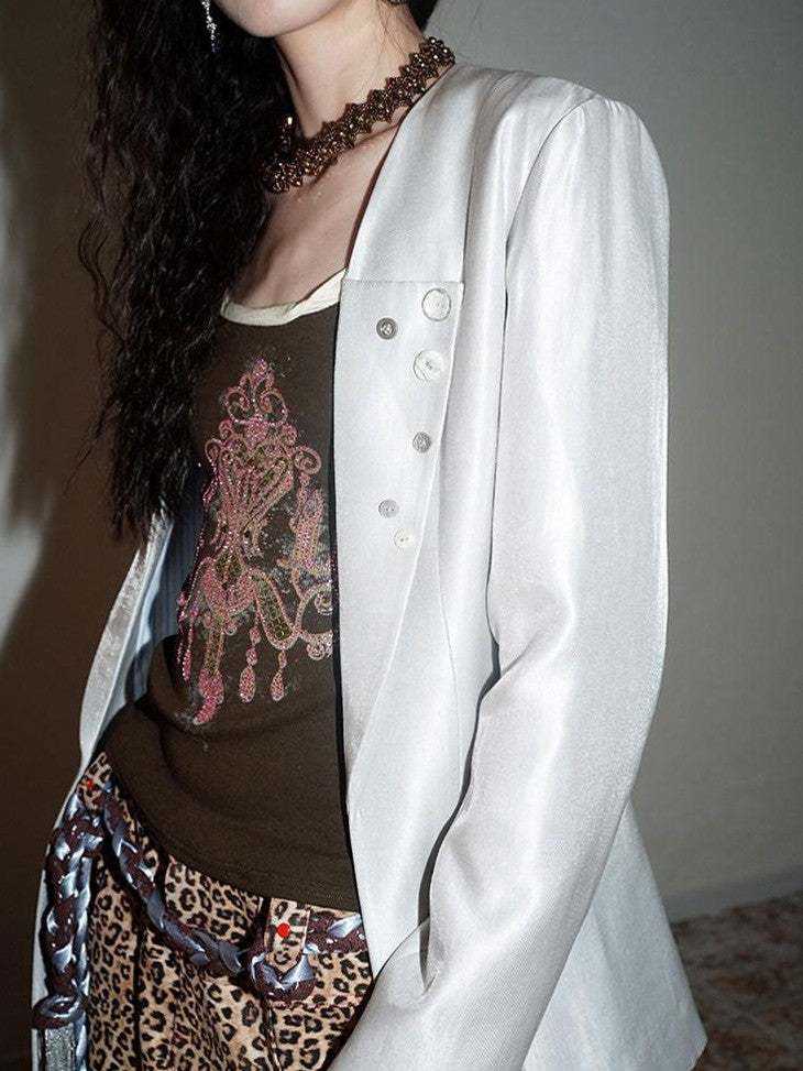 badtaste Silver Sheen Light Reflective Loose Retro Western Women's Other Material Blazers