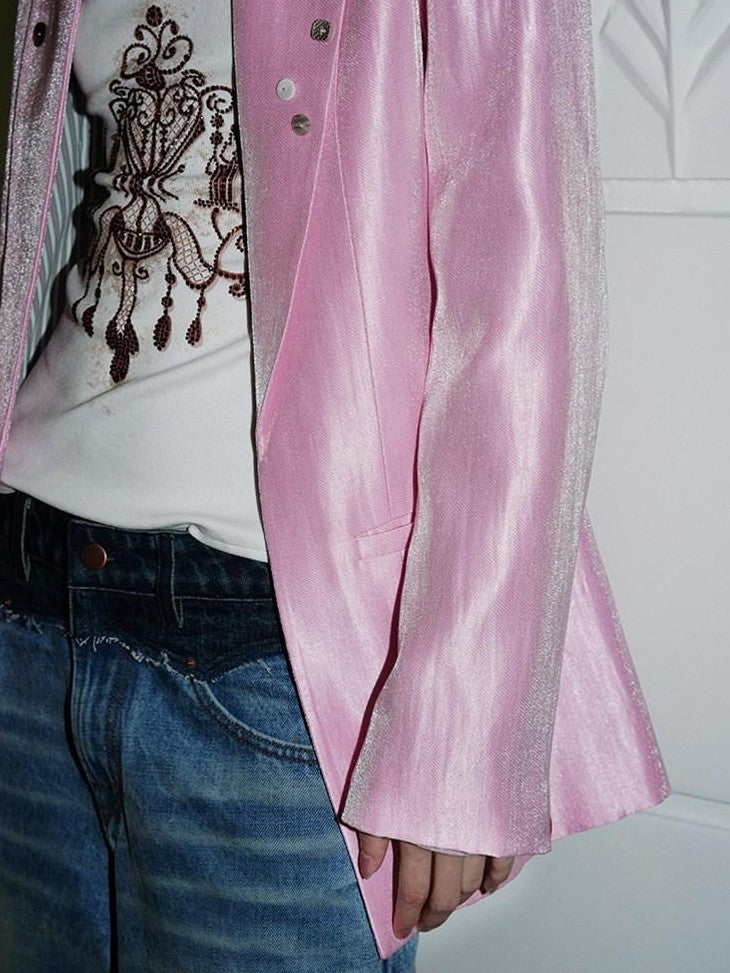 badtaste Silver Sheen Light Reflective Loose Retro Western Women's Other Material Blazers